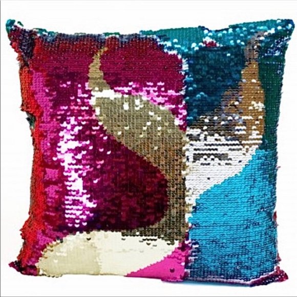 NWT Sparkly Charming Charlie Blue & Pink Reversible Mermaid Tail Sequin Pillow - Picture 5 of 7